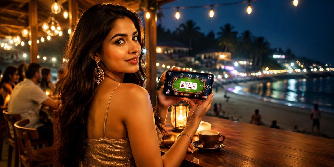Players enjoying Teen Patti on a sunny beach in India